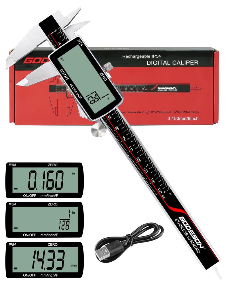 GODESON Digital Caliper, Rechargeable Digital Micrometer-IP54 Waterproof, Stainless Steel & Large LCD Screen Caliper Measuring Tool-Inch/Metric/Fraction,6" Calipers-Auto Off for Pros & DIYers - Image 1